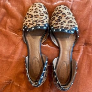 Gently worn studded animal print slides